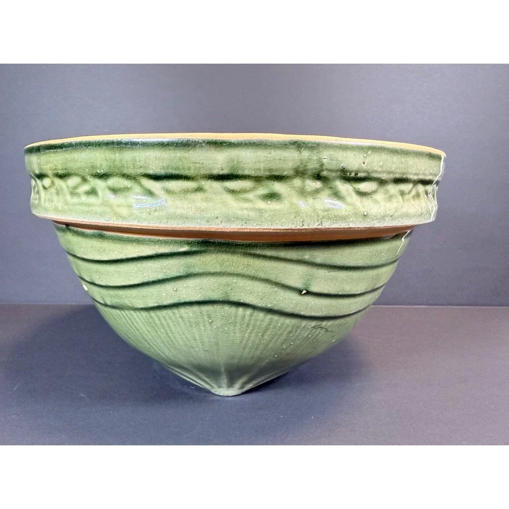 Vintage Green Glazed McCoy Sunburst Stoneware Mixing Bowl Farmhouse Cottagecore